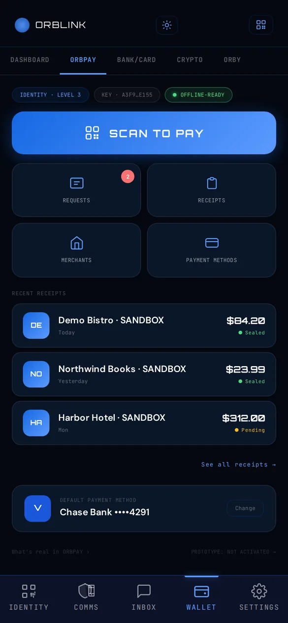 ORBPAY home screen in ORBLINK