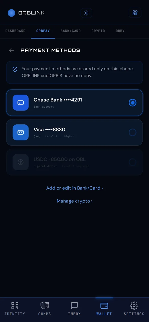 ORBPAY payment methods screen