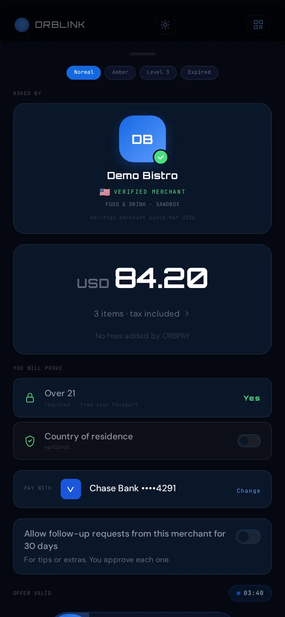ORBLINK app: verified offer from Demo Bistro, $84.20, age over 21 will be proved, pay with Chase ••4291
