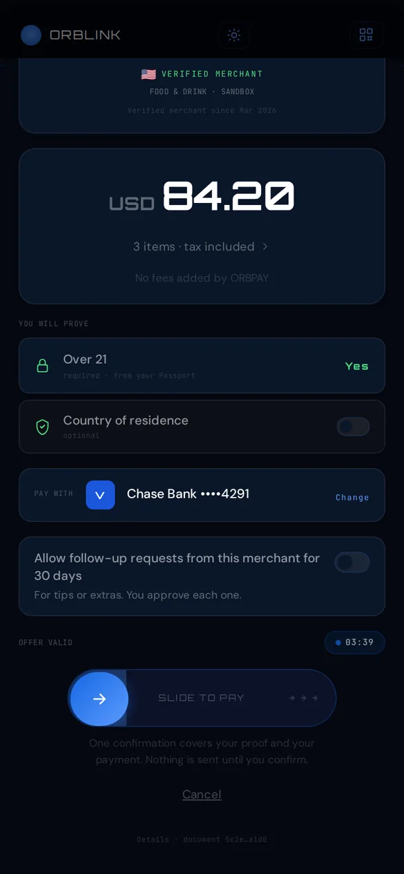 ORBPAY offer screen with slide to pay