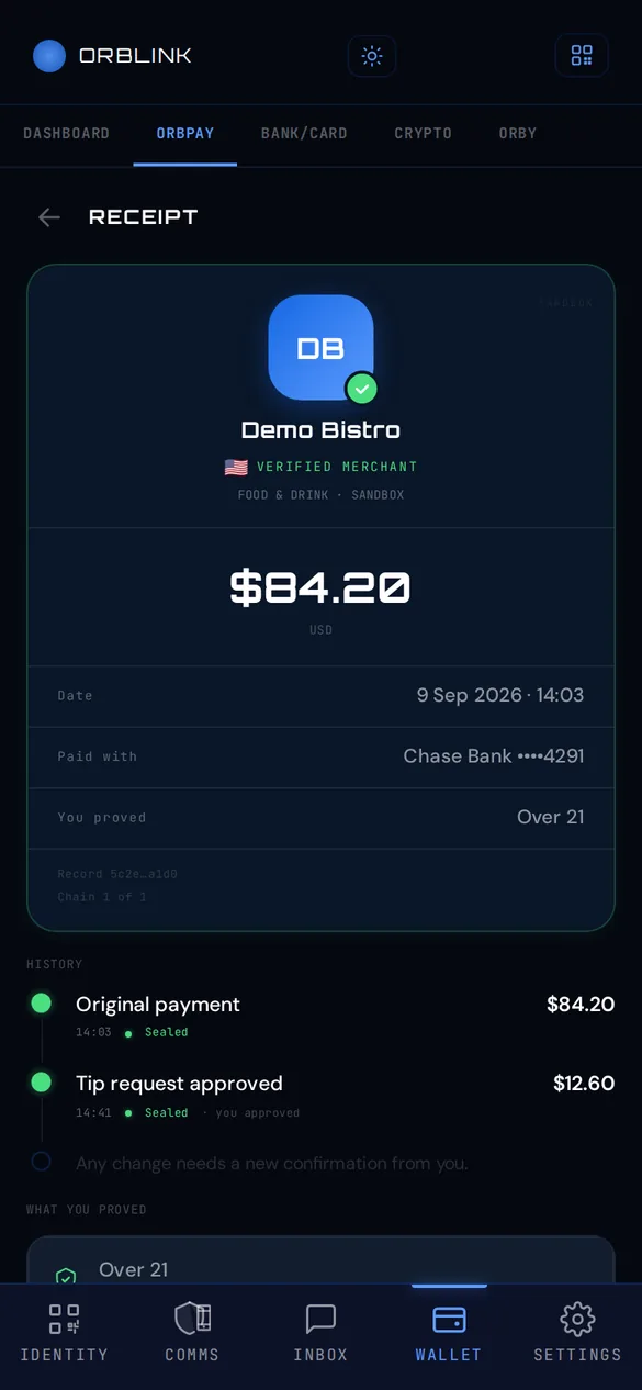 ORBLINK app: sealed receipt with verification checklist