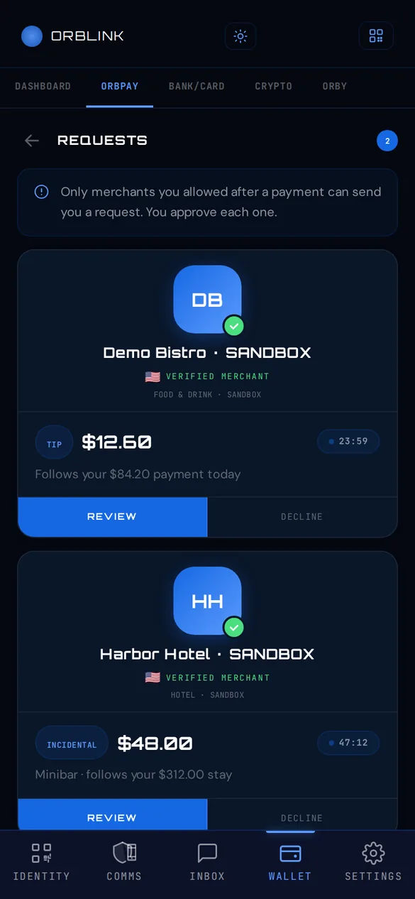 ORBPAY requests screen